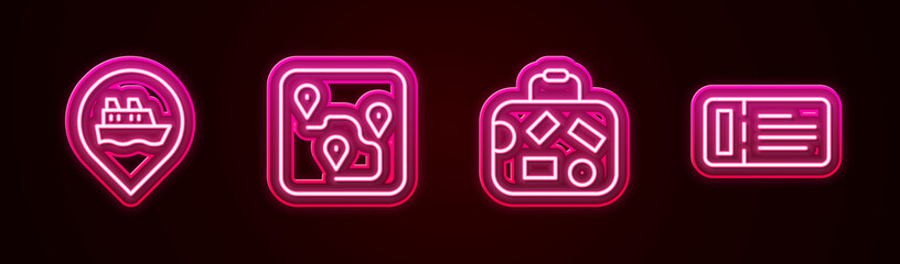 Set line Location with cruise ship, Route location, Suitcase and Cruise ticket. Glowing neon icon. Vector