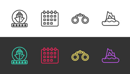 Set line Cruise ship, Calendar, Binoculars and Tropical island ocean on black and white. Vector