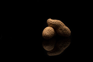 Macro view of two whole peanuts isolated on black reflective background.