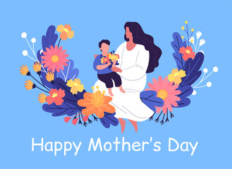 Beautiful mother with her little son. Colorful flowers vector greeting card. Happy mother's day illustration