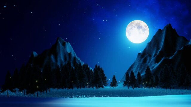 Wide grasslands with pine trees and mountains alternate in background. Full moon night bright stars are filling the sky. Night mountain scenery with fireflies flying above the ground. 3D Rendering