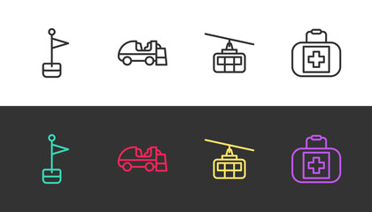 Set line Location marker, Ice resurfacer, Cable car and First aid kit on black and white. Vector
