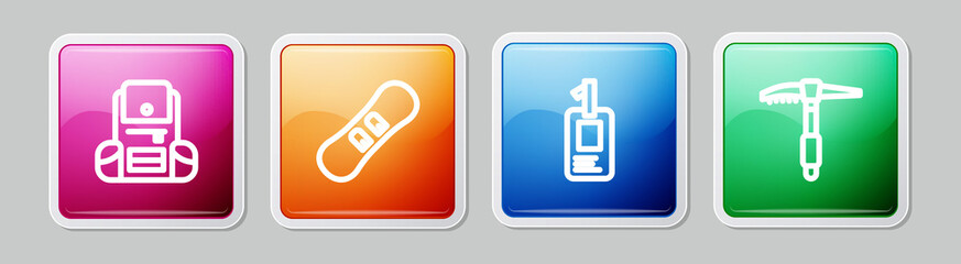 Set line Hiking backpack, Snowboard, Identification badge and Ice axe. Colorful square button. Vector