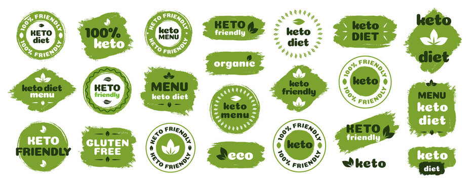 Keto friendly diet nutrition vector badge set on green organic texture isolated on white-ketogenic diet sign, keto diet menu. Vegetables icon eco friendly diet with leaves. 10 eps