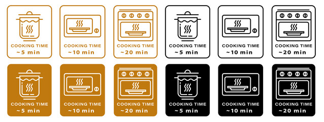 Cooking type and cooking time icon. The cooking time for food in a saucepan, microwave and oven. Instructions for packaging food products. Isolated vector elements.	
