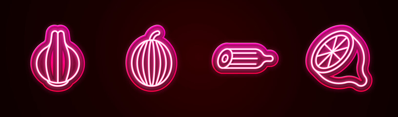 Set line Onion, Watermelon, Fresh cucumber and Lemon. Glowing neon icon. Vector