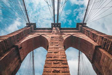 The Brooklyn Bridge cable-stayed/suspension bridge in New York City Manhattan
