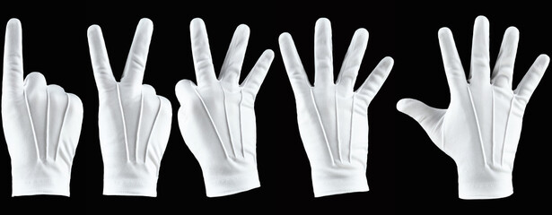 A set of images of a human hand, a hand in a white glove isolated on a black background, showing fingers from one to five. Human hand gesture concept.