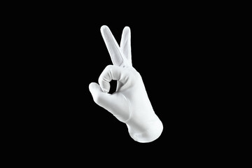 Brush, Hand in a white glove isolated on a black background, shows the gesture ok. Human gesture concept of approval, cool.