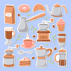 set of stickers coffee time. coffee grinder, desserts for coffee, a cup of coffee, coffee sakan, kettle. illustration in cartoon style.