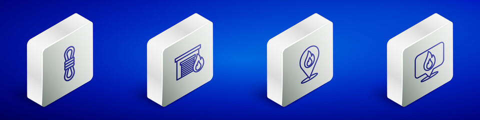 Set Isometric line Climber rope, Fire in burning garage, Location with fire flame and icon. Vector