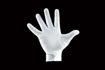 Human hand, hand in white glove isolated on black background, shows five fingers gesture. Human gesture concept.