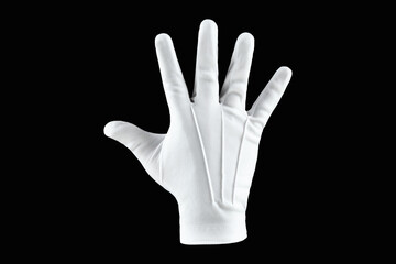 Human hand, hand in white glove isolated on black background, shows five fingers gesture. Human gesture concept.