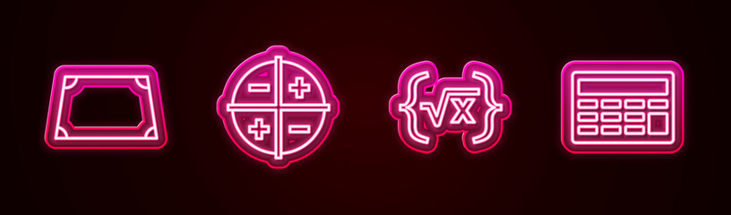 Set line Acute trapezoid shape, XYZ Coordinate system, Square root of x glyph and Calculator. Glowing neon icon. Vector