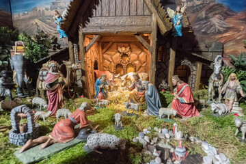 Nativity scene of the birth of Jezus Christ the saviour in Bethlehem, with the Wise men from the...