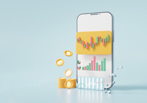 Cryptocurrency trading or bitcoin on smartphone and growth Stock exchange data information investment. trader concept on soft blue background 3d illustration, rendering