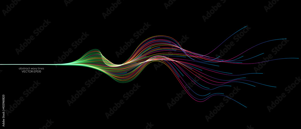 Poster Vector abstract wave lines flowing dynamic in colorful spectrum colors isolated on black background for concept of modern, technology, digital, communication, science, music.
