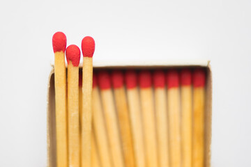 Box of matches isolated on white background with copy space. International day matchstick.