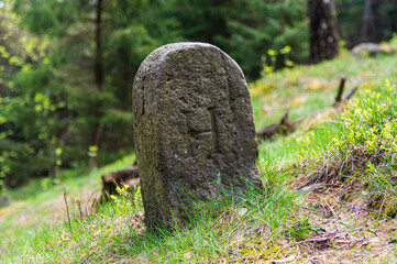 Letter H engraved on boundary stone in Zittau Mountains