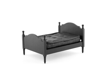 Black wooden bed miniature on white background with clipping path
