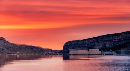 Morning sky with warm colors above Swan Falls Dam