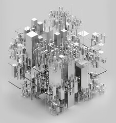 3d render of abstract art surreal 3d cubical build structure based on small and big boxes particles in white plastic silver metal and glass material on grey background in isometric view