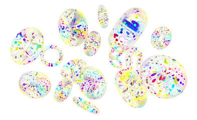 Fototapeta na wymiar 3d render of abstract art composition with flying surreal blow festive rings donuts in round soft forms in transparent plastic with colorful dots on surface on isolated white background
