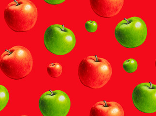 Red and green apple seamless pattern. Hand drawn texture with whole apples on red background. Artistic natural food wallpaper