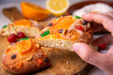 Coca de sant joan. Traditional San Juan cake to celebrate the arrival of summer in Spain made with...
