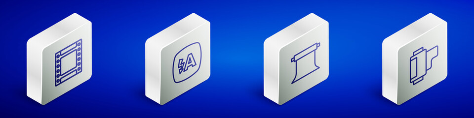 Set Isometric line Camera roll cartridge, Auto flash, Empty photo studio and icon. Vector