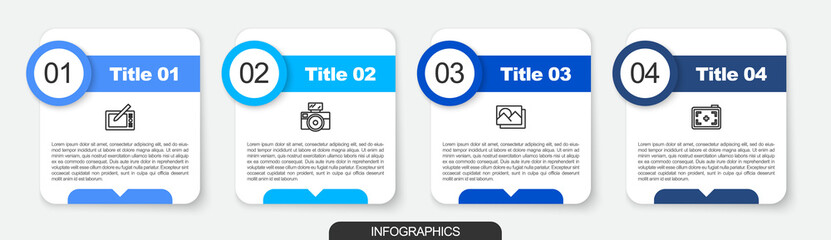 Set line Graphic tablet, Photo camera with flash, frame and . Business infographic template. Vector