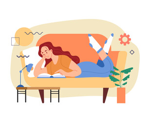 Woman girl worker student character laying on sofa and reading book. Distant online internet education concept. Modern style simple flat vector illustration