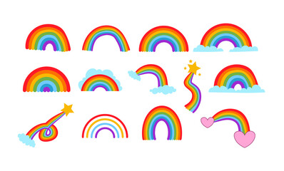 Cartoon hand drawn childish doodle rainbow isolated set. Modern style simple flat vector illustration