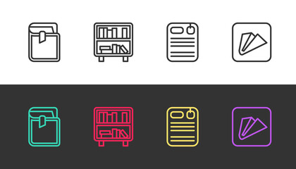 Set line Book, Shelf with books, Dossier folder and Paper airplane on black and white. Vector
