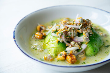 Ceviche with cockles and avocado