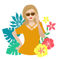 サングラスを着用した女性と南国植物