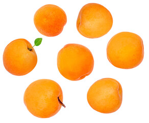 Fresh Apricot fruits with leaves isolated on white background. Top view. Flat lay. Apricot Pattern.