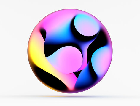3d render of abstract art 3d ball sphere or bubble with organic substance inside in curve round wavy organic biological forms in pink and yellow gradient color with black parts on white background