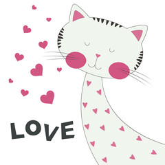 Cute cartoon cat, illustration with text Love.