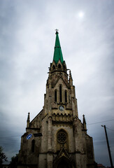Church of the Sacred Heart of Jesus. Jesuit Church in Chernivtsi. Monument of neo-Gothic architecture of the 19th century.