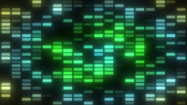 Rectangular blue-green fluorescent windows are lined up and shimmer alternately against a black background. Seamless loop.