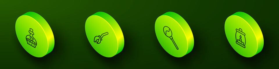 Set Isometric line Bottle with potion, Witches broom, Lollipop and Camping lantern icon. Vector