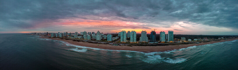Punta del Este, Uruguay. Panorama from drone. City at sunset. 