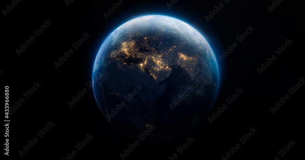 Poster sphere of earth planet at night isolated on dark black background. surface of earth. globe. city lig