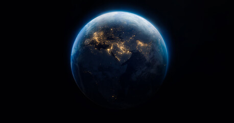 Sphere of Earth planet at night isolated on dark black background. Surface of Earth. Globe. City lights on planet. Life of people. Solar system element. Elements of this image furnished by NASA