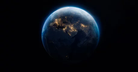 Foto op Canvas Sphere of Earth planet at night isolated on dark black background. Surface of Earth. Globe. City lights on planet. Life of people. Solar system element. Elements of this image furnished by NASA © dimazel