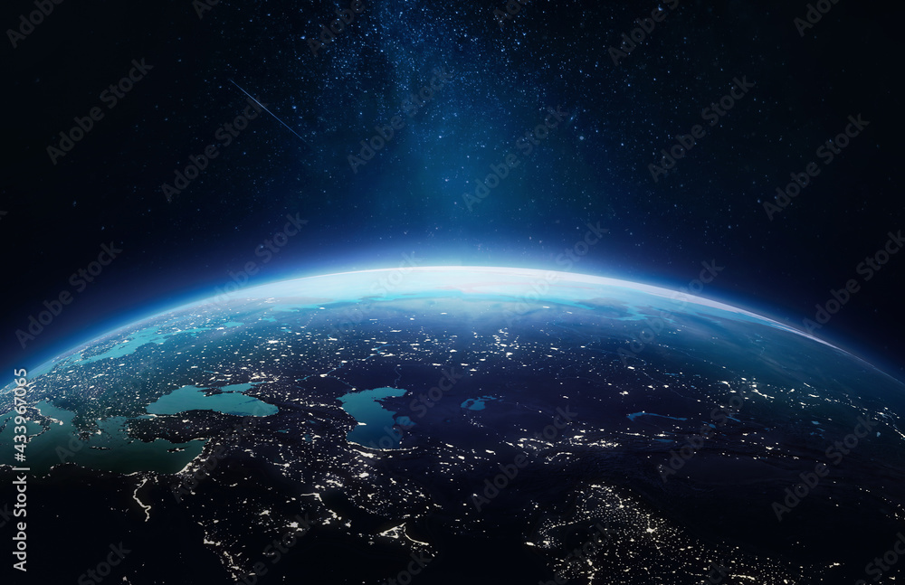 Poster planet earth at night in the outer space. earth surface. abstract wallpaper with space and stars. ci