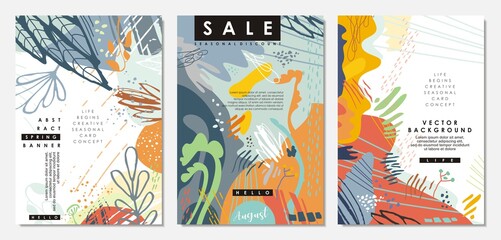 Colorful sale banners for summer seasonal sales with abstract shapes and lines. Shopping offers flyers, covers, placards, banners, backdrops and posters set. Vector document templates.