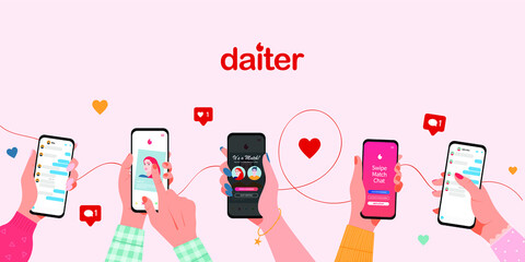 Online dating service application. Hands holding smartphone with dating app. Modern young people looking for a couple. Concept of social media, virtual relationship communication. Dating app design - obrazy, fototapety, plakaty