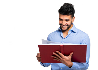 Young male student reading a red book isolated on white